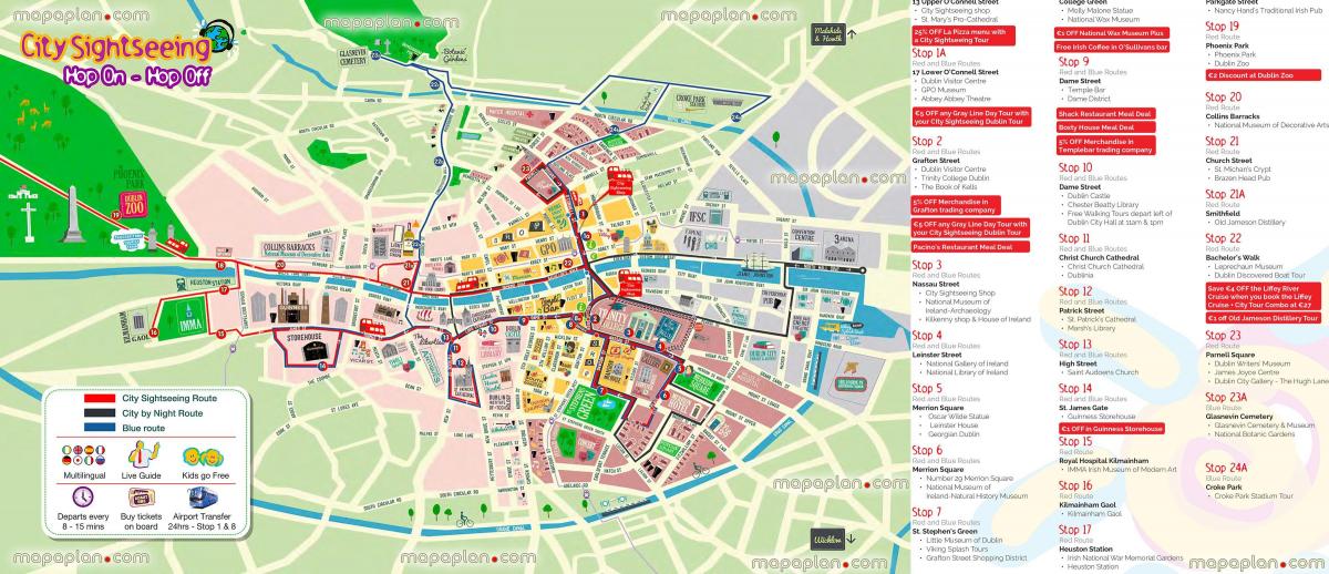 Dublin Hop-on-hop-off bus route kaart